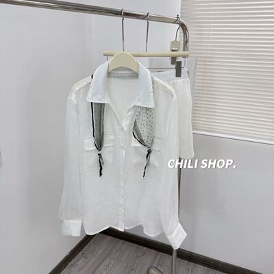 【英英Chili】bu退 丝巾韩系气质设计苎麻韩系短裤衬衫套装 06.18