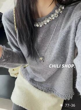 【英英Chili】重工钻石领气质欧货流苏边100全羊毛针织毛衣 01.27