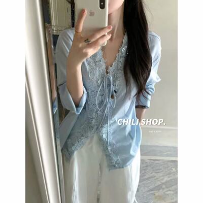 【英英Chili】复古韩系千金风气质V领设计师款天丝亚麻衬衫 04.08