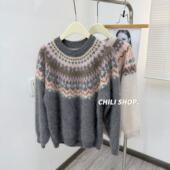 撞色山羊绒羊毛拉绒费尔岛风复古针织毛衣C 英英Chili 11.21