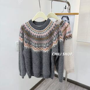 【英英Chili】撞色山羊绒羊毛拉绒费尔岛风复古针织毛衣C 11.21