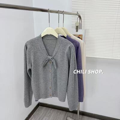 【英英Chili】蝴蝶结千金风韩系温柔设计师款浣熊绒针织毛衣08.24