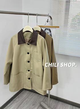 【英英Chili】撞色皮领韩系简约减龄宽松设计中长风衣外套 08.29