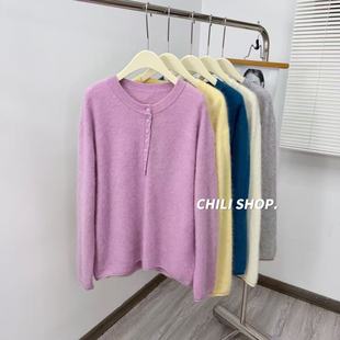【英英Chili】阔版慵懒风圆领简约韩系山羊绒拉绒针织毛衣 12.16
