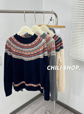 【英英Chili】费尔岛风圆领无缝一体成衣100全羊毛针织毛衣 9.16