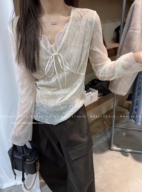 【英英Chili】蕾丝V领气质韩系复古风显瘦搭配打底 01.22