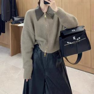 【英英Chili】皮领设计欧货设计师款浣熊绒针织拉链开衫毛衣10.21