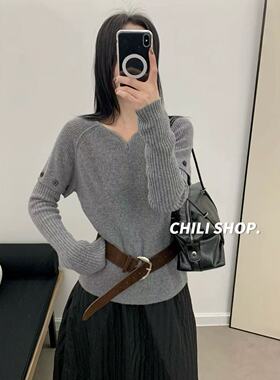 【英英Chili】设计师款V领韩系可脱卸袖100全羊毛针织毛衣 01.27