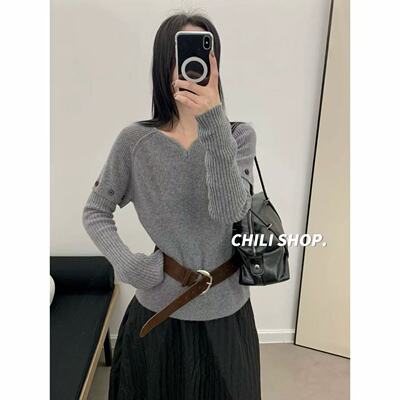 【英英Chili】设计师款V领韩系可脱卸袖100全羊毛针织毛衣 01.27