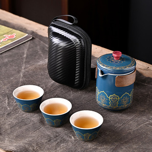 定制泡茶便携式 陶瓷古韵旅行茶具快客杯套装 车载一壶三杯商务礼品