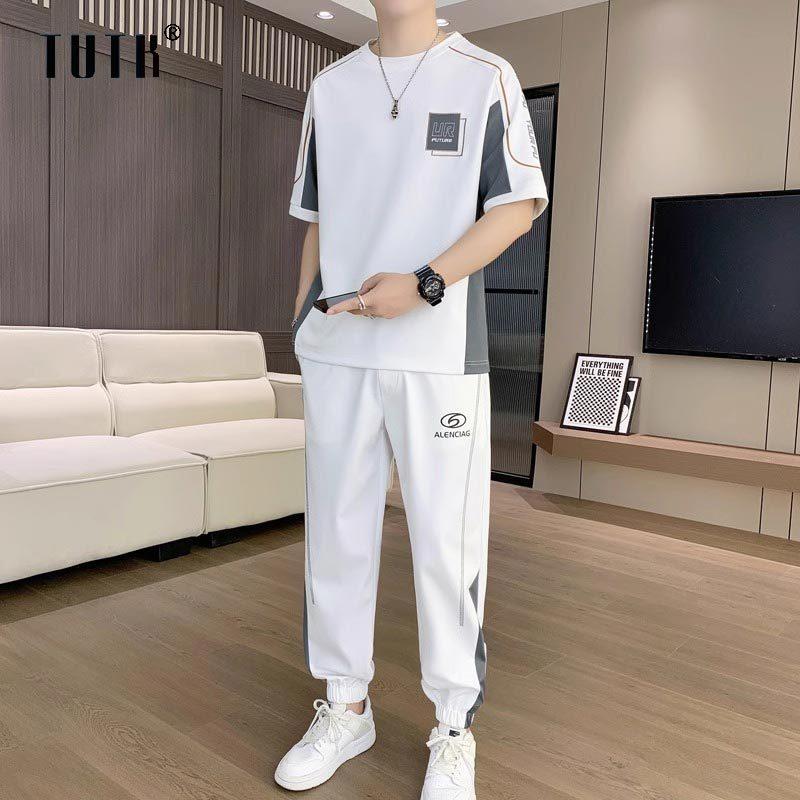 冰丝休闲运动服套装男士夏季高级感拼接撞色印花短袖男装搭配一套