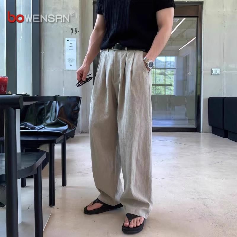 老钱风亚麻休闲裤男士2025新款夏季薄款男裤垂感阔腿直筒裤子男款