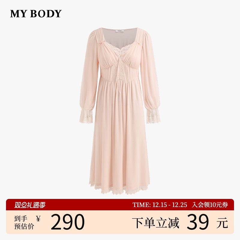 商场同款MYBODY新款慵懒V领玫瑰花园甜美梦幻纱裙袖口蕾丝睡裙