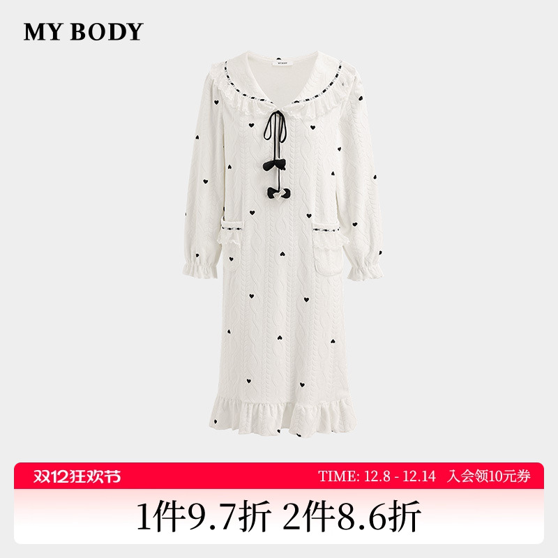 商场同款MYBODY秋季新款甜美蕾丝娃娃领居家可外穿法兰绒长袖睡裙