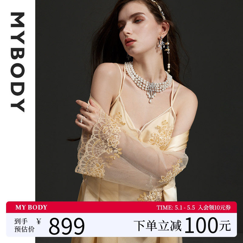 MYBODY商场同款春夏真丝桑蚕丝睡衣套装蕾丝性感轻奢家居吊带睡