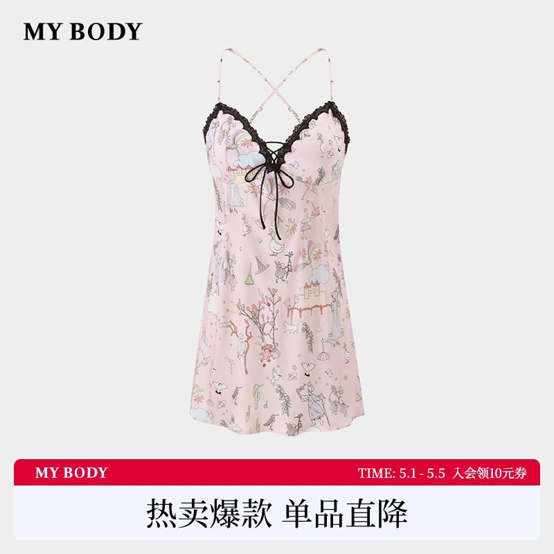 商场同款MYBODY2026夏季新款性感睡裙V领美背印花带胸垫吊带睡裙