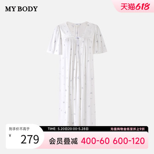 新款 MYBODY蕾丝舒适亲肤V领活性印花睡裙女2024夏季 商场同款