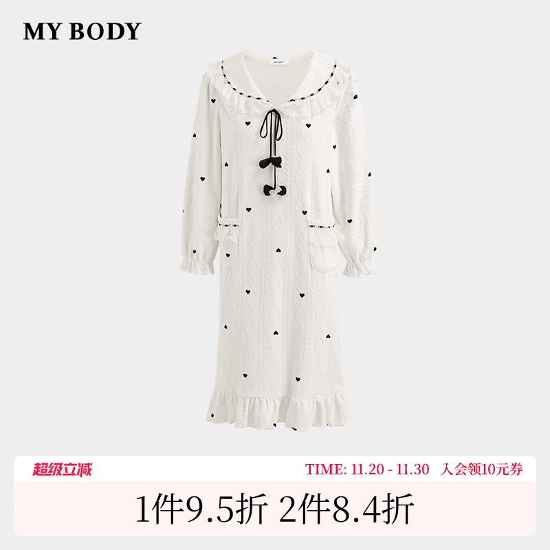 商场同款MYBODY秋季新款甜美蕾丝娃娃领居家可外穿法兰绒长袖睡裙