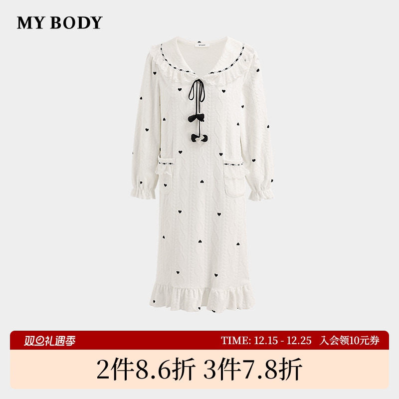 商场同款MYBODY秋季新款甜美蕾丝娃娃领居家可外穿法兰绒长袖睡