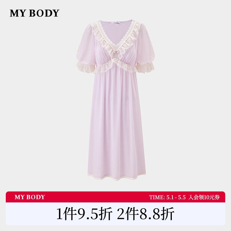 商场同款MYBODY26夏季新款睡裙宫廷风蕾丝V领花苞袖带胸垫家
