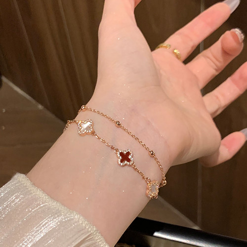 仿贝母红白四叶草双层手链女双层
