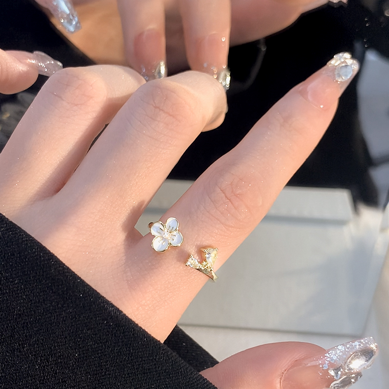 温柔花朵珍珠戒指女开口食指戒指