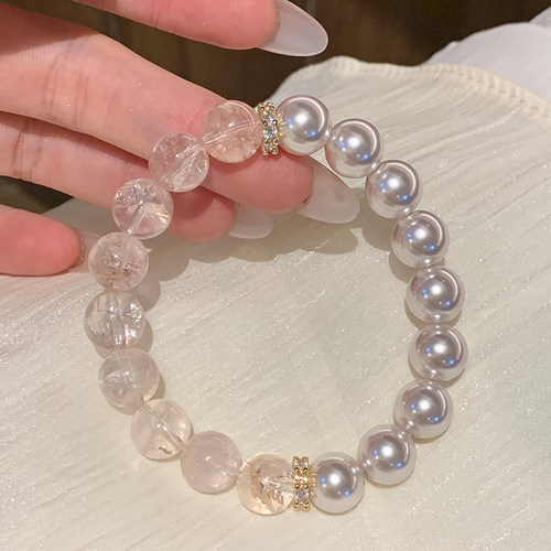 粉阿塞水晶一半仿珍珠手链女温柔