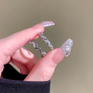 银色素圈戒指女小众设计高级感对戒镶钻食指戒指女开口尾戒指环女