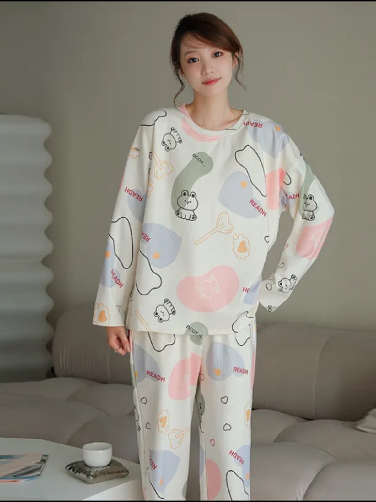 PAJAMAS CHEST PADS WOMENS SPRING AND AUTUMN LONG-SLEEVED TROUSERS CUTE AND SWEET INTERNET CELEBRITY STYLE HOME CLOTHES TWO-PIECE SUIT