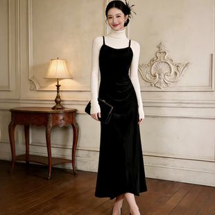 春秋季新款法式无袖吊带丝绒连衣裙女收腰显瘦小黑裙长裙气质晚装