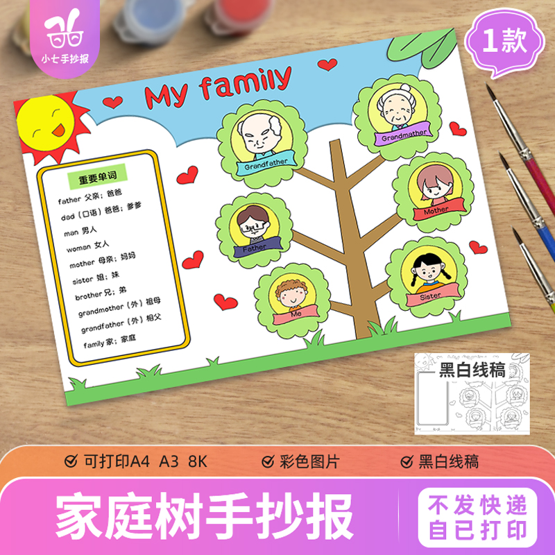 家庭树英语手抄报模板my family tree儿童绘画一男一女家庭