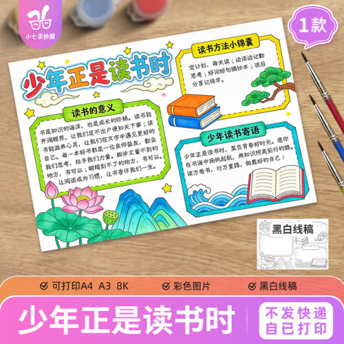少年正是读书时手抄报电子模板阅读伴我成长世界读书日线稿图