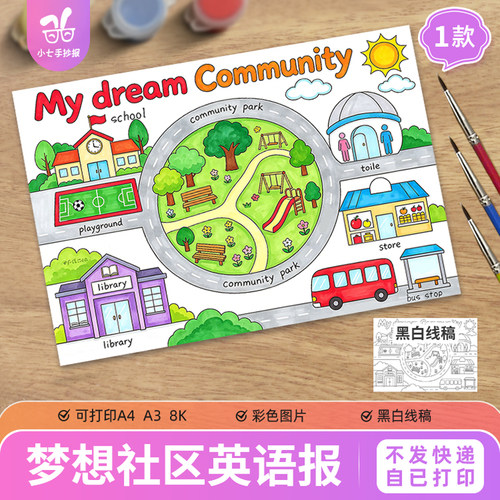 我的梦想社区my dream community英语文手抄报模板四年级上