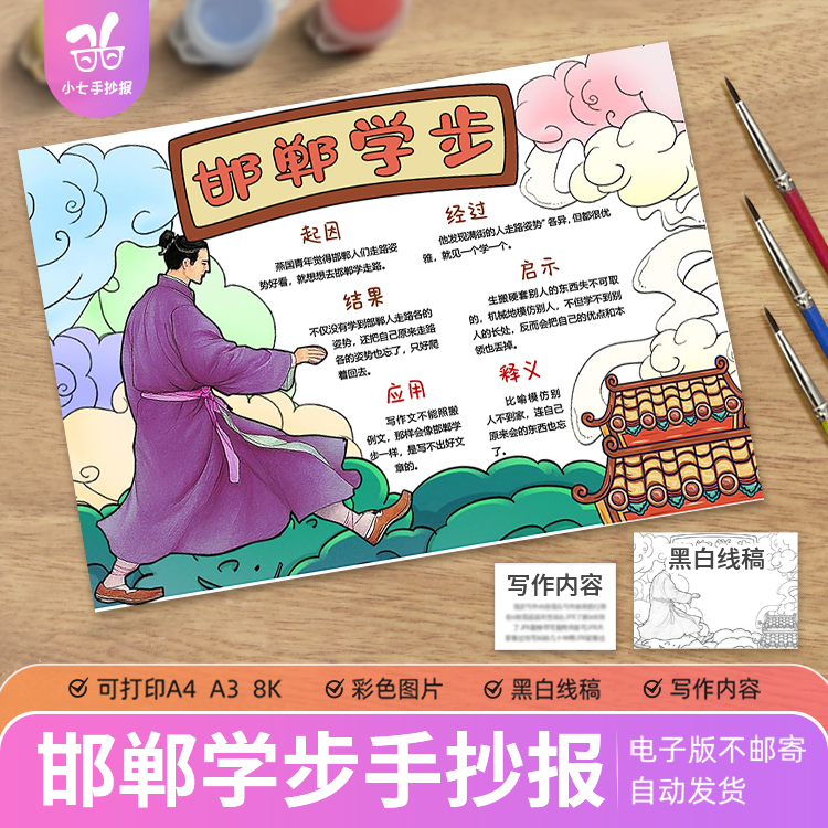 邯郸学步手抄报模板电子版小学生语文中国古代寓言成语故事线稿A4