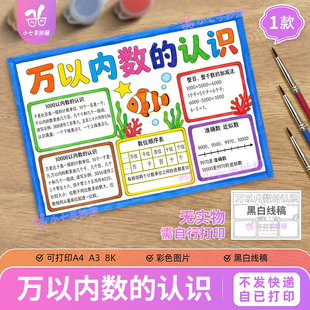 万以内数的认识思维导图手抄报模板电子版二年级数学黑白线稿