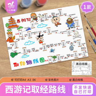 西游记取经路线图思维导图电子版手抄报模板四大名著黑白线稿