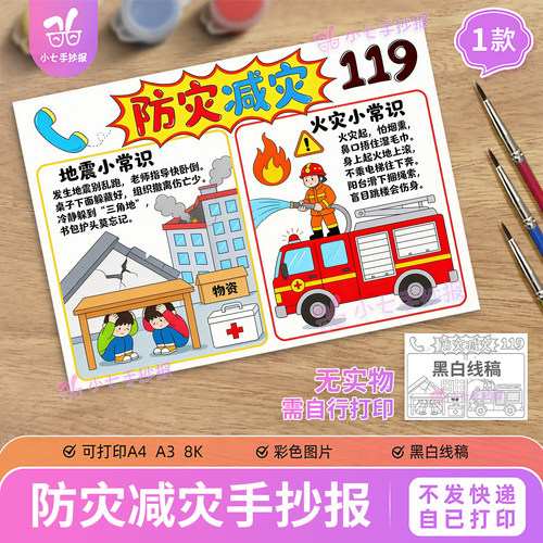 防灾减灾手抄报电子模板全国防灾减灾日预防自然灾害地震线稿