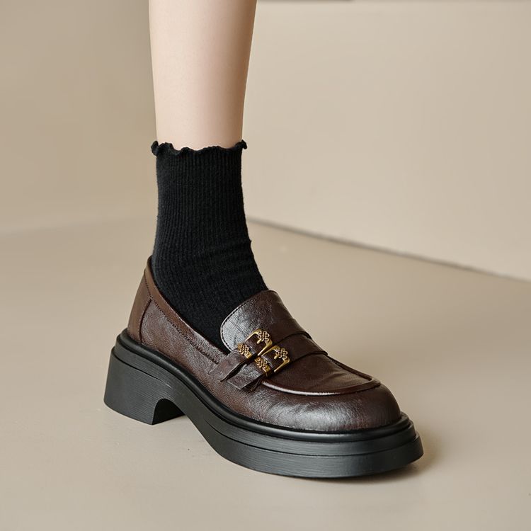 真皮厚底乐福鞋女粗跟2025新款高跟皮带扣英伦风小皮鞋