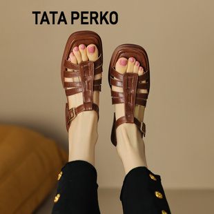 2024新款 TATA 女夏季 PERKO联名罗马凉鞋 平底低跟真皮编织镂空凉鞋