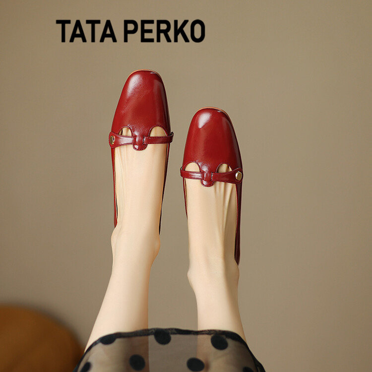 tata perko联名酒红色玛丽珍鞋女方头粗跟法式气质配裙子牛皮单鞋