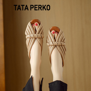 女夏外穿一字拖 TATA PERKO联名原创小众设计感真皮平底鱼嘴凉拖鞋