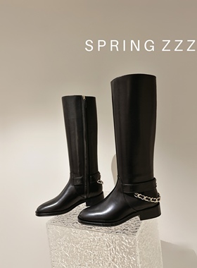 【Spring zzz】财阀千金战靴！头层牛皮金属链条高筒骑士靴可拆卸