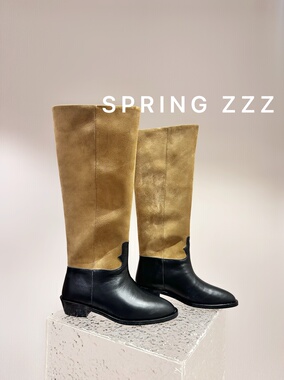 【Spring zzz】闭眼入！25c秋冬新款 麂皮拼接头牛尖头高筒骑士靴