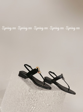 【Spring zzz】2023夏季新款琉璃彩扣灰扣夹趾粗跟凉鞋麂皮鞋面鼎