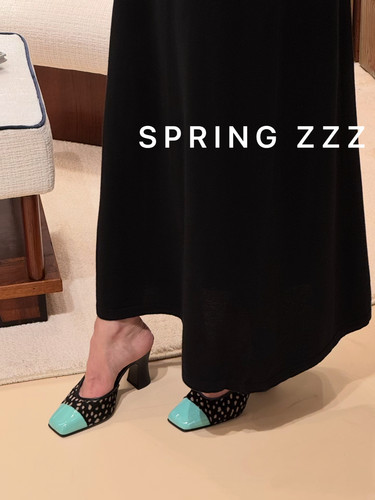 【Spring zzz】清新薄荷绿！2026夏季新品 漆皮方头豹纹粗跟拖鞋