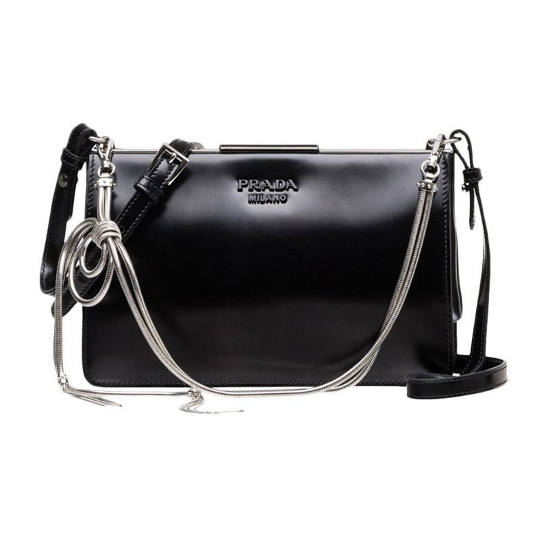 Prada 普拉达  女士黑色复古金属链条LOGO饰百搭手提单肩斜跨包