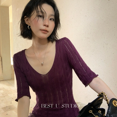 BEST U-秋上新百分百莱赛尔麻花中袖上衣气质百搭针织衫89990