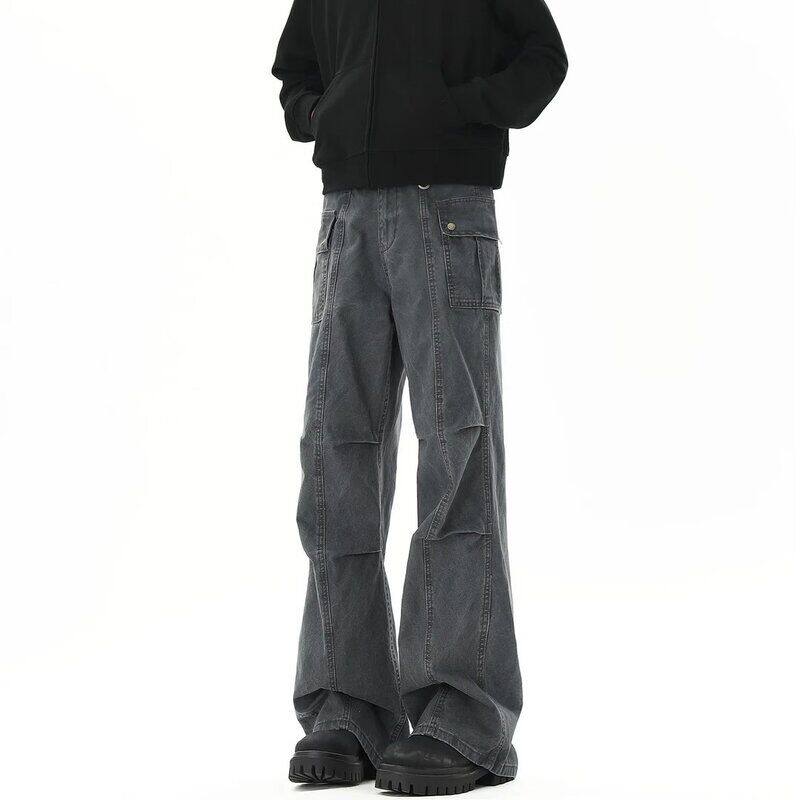 美式复古水洗做旧牛仔裤男款春秋小众褶皱工装裤cleanfit微喇裤子