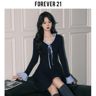 Forever21氛围感藏蓝ins系带连衣裙女韩系花边V领喇叭长袖A字短裙