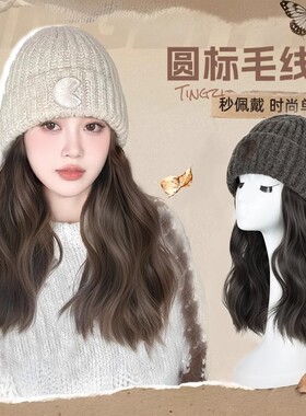 帽子假发女长发秋冬针织毛线帽